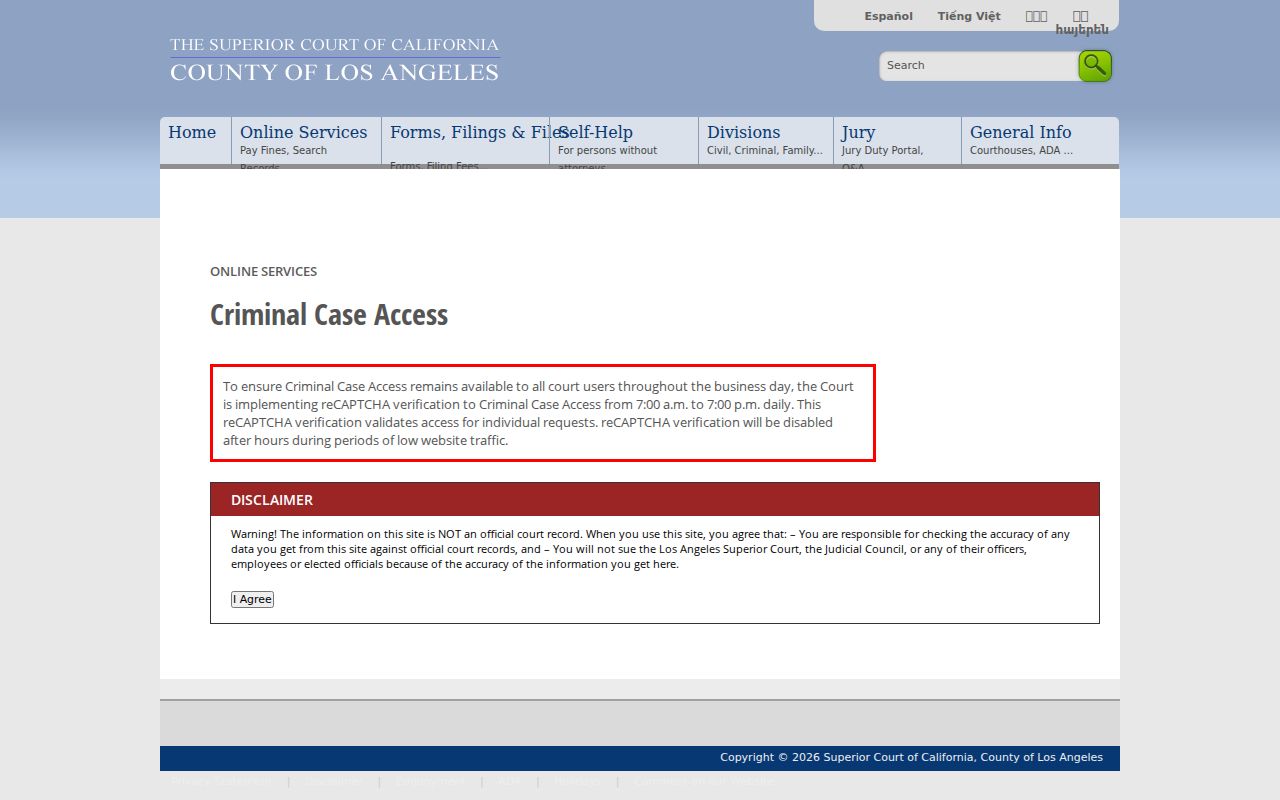 Burbank public records LASC criminal case access page