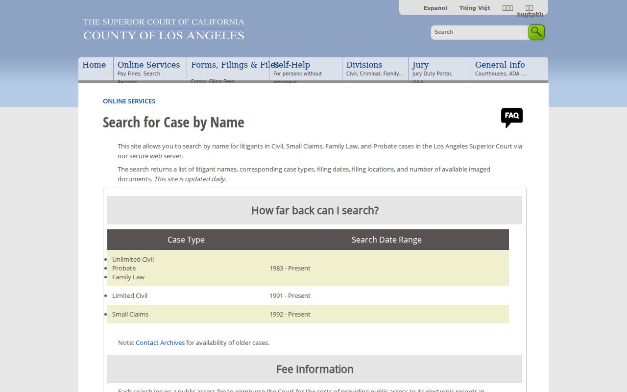 Burbank public records LASC civil family probate name search page