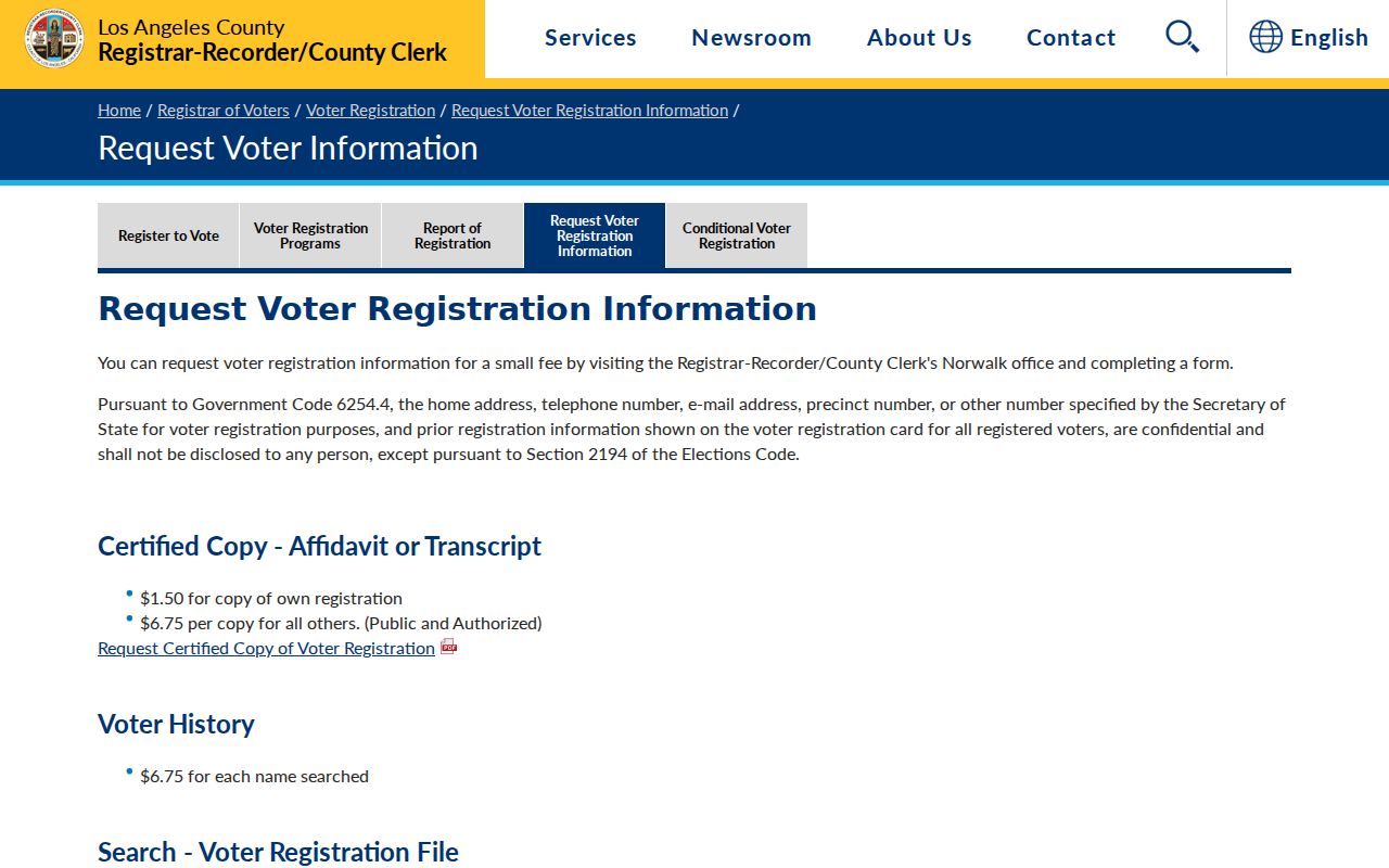 Burbank voter registration records LA County voter information request fees